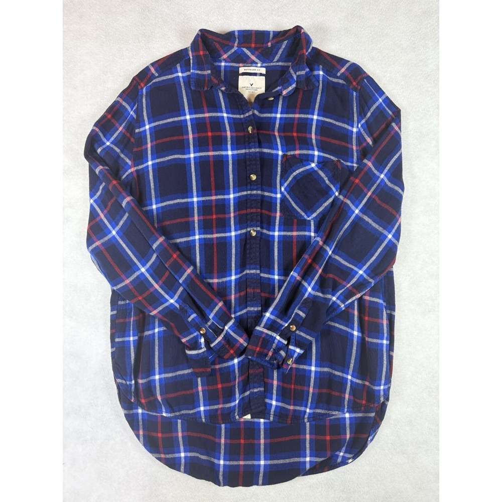 American Eagle Boyfriend Fit Plaid Shirt XL Blue Red Button Front Women's
